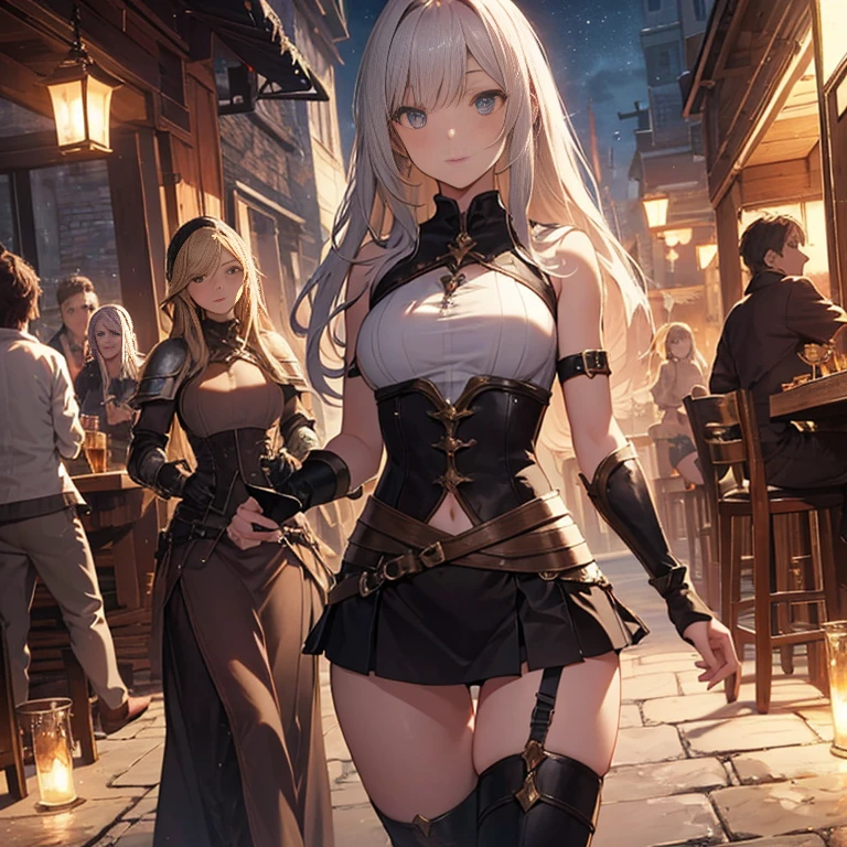 A group of  female medieval fantasy adventurers, (in tavern), various hair styles, harem, night, details face, short skirt, seducing, sleeveless, armor
