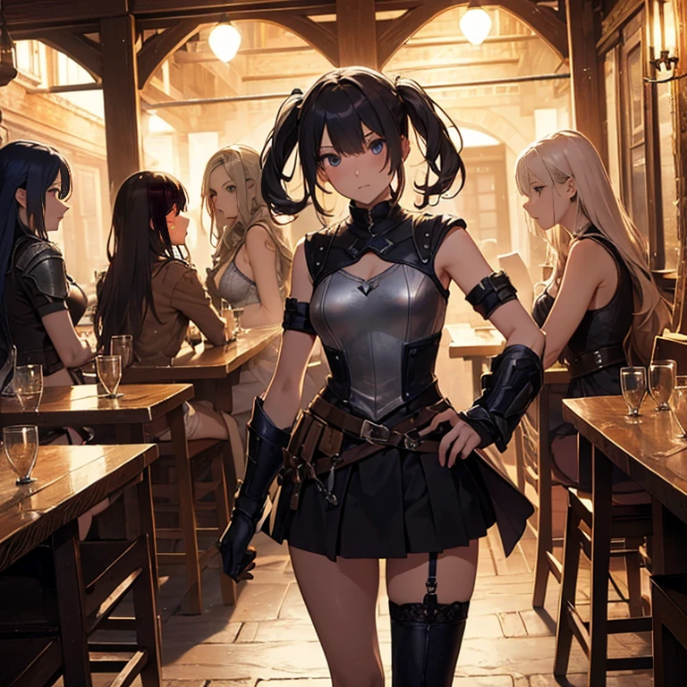 A group of  female medieval fantasy adventurers, (in tavern), various hair styles, harem, night, details face, seducing, sleeveless, armor, 