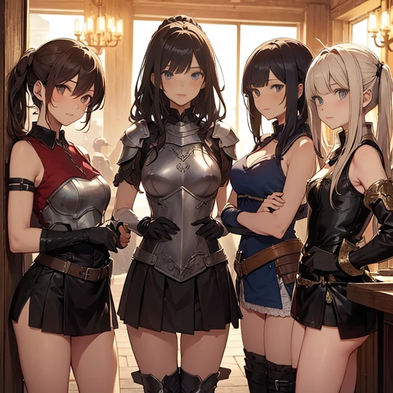 A group of female medieval fantasy adventurers, (in tavern), various hair styles, harem, night, details face, short skirt, seducing, sleeveless, armor