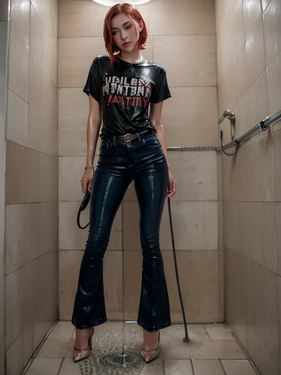 (Wide flares on jeans:1.2), (Water-soaked clothing:1.17), (Best Quality,high resolution,bokeh:1.2),two woman,Pronounced wrinkles,red hair,Bob haircut,Detailed eyes and face,tshirt,(standing:1.0),(gloomy ecstasy:1.1), Posing, standing in a shower, SoakingWetClothes, black high heel pumps, ((show heels)), jeans are wrinkled from wetness,