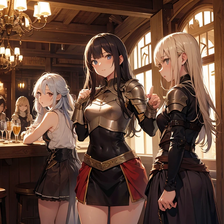 A group of  female medieval fantasy adventurers, (in tavern), various hair styles, harem, night, details face, short skirt, seducing, sleeveless, armor