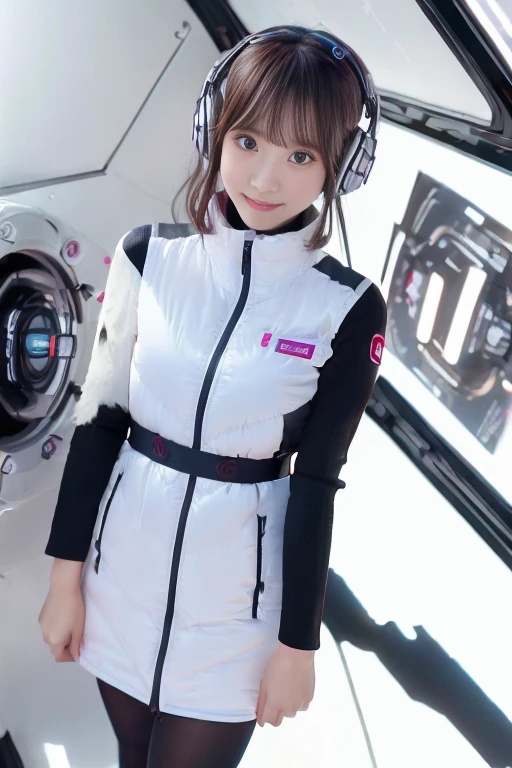 ((NSFW: 1.4)), ((Detailed face, Professional photography)), ((NSFW, zettai ryouiki, 1 girl)), Ultra-high resolution, (Realistic: 1.4), RAW Photos, highest quality, (PhotoRealistic Stick), concentrated, Soft Light, ((30 years old)), ((Japanese)), (( (Young Face))), (surface), (Depth of written boundary), masterpiece, (Realistic),(inside ISS):3, woman, ,astrovest:2,headphone:2,smartwatch,,bangs, ((1 girl)),(black sleeves):2,(black tights):2,inside spacestation,inside spacecraft,,zero gravity,smile,open leg,blush:1.5,hidden hands,neotech