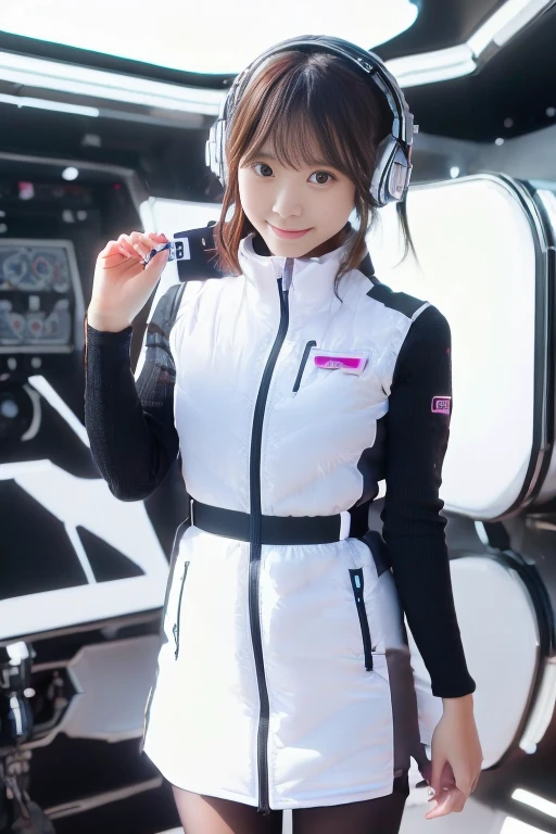 ((NSFW: 1.4)), ((Detailed face, Professional photography)), ((NSFW, zettai ryouiki, 1 girl)), Ultra-high resolution, (Realistic: 1.4), RAW Photos, highest quality, (PhotoRealistic Stick), concentrated, Soft Light, ((30 years old)), ((Japanese)), (( (Young Face))), (surface), (Depth of written boundary), masterpiece, (Realistic),(inside ISS):3, woman, ,astrovest:2,headphone:2,smartwatch,,bangs, ((1 girl)),(black sleeves):2,(black tights):2,inside spacestation,inside spacecraft,,zero gravity,smile,open leg,blush:1.5,hidden hands,neotech