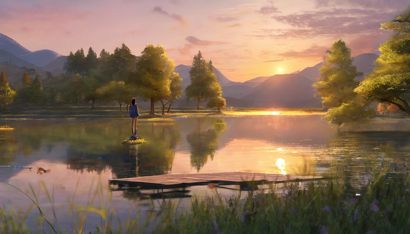 1 girl, Calm expression, Captivating eyes, Straight Long Hair, loose fitting dress, Calm posture, Porcelain-like skin, A faint blush, Crystal Pendant BREAK Golden Hour, (Rim Light):1.2, Warm tones, Solar flare, Soft Shadows, Vibrant colors, Painterly effect, Dream-like atmosphere BREAK Beautiful lake, Distant Mountain々, Willow Tree, Calm water, reflection, Sunlit clouds, Peaceful atmosphere, Beautiful sunset, Super detailed, Official Art, unity 8k wallpaper
, Tangled, Mandala