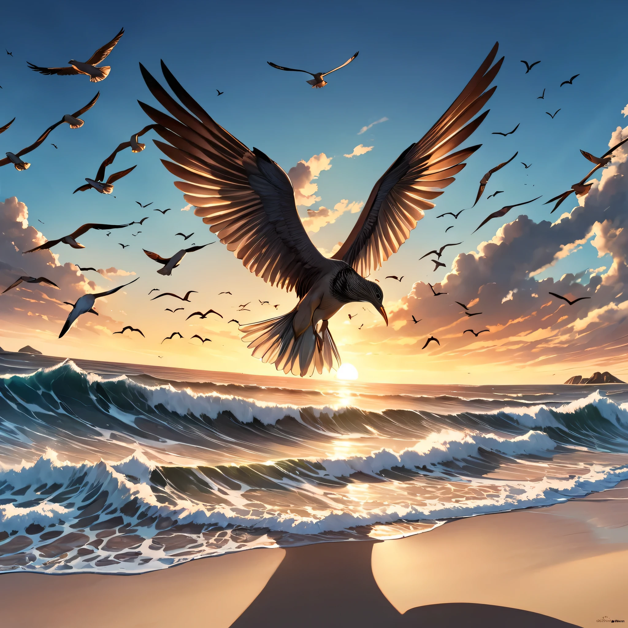 (((CG estilo Anime))) Crie uma arte digital de qualidade de um homem sentado em 1 praia com ondas , olhando pra lua ,arte de qualidade HD 8k, birds flying ,  estilo praia brasileira