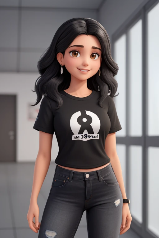 Uma mulher de 38 anos, with medium black hair, Rosto redondo, sorriso encantador, e olhos castanhos, roupa preta, colar com pingente, allstar tennis p She is wearing black clothes, blusa e jeans preto, magra e baixa, homem acima do peso, alto, cabelo preto com fios branco