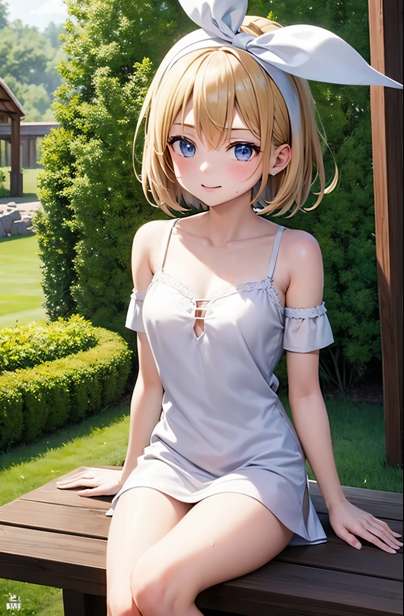 8K resolution, highest quality,Kagamine Rin、beautiful eyes、Embarrassed、Sweat、Shooting from below、Look down、whole body、short hair、smile、head rest、hands up, elbows on table, face palm, white ribbon, white headband,casual、one piece、Date