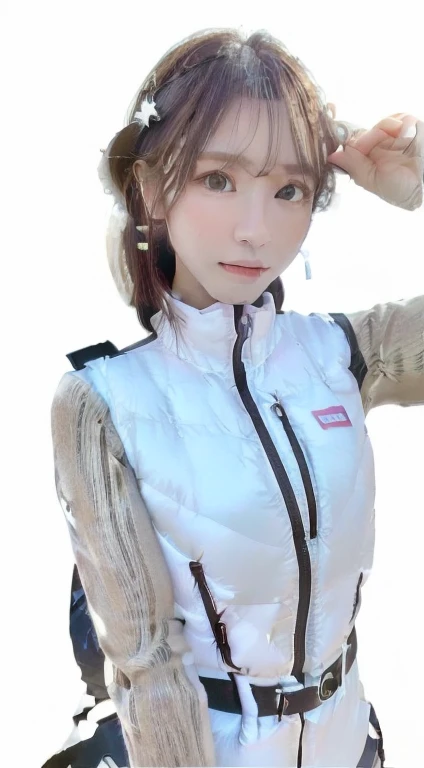 ((Realistic lighting, highest quality, 8k, masterpiece: 1.3)), Clear focus: 1.2, One girl, Perfect figure: 1.4, Slim Abs: 1.1, ((Dark brown hair)), (white astrovest: 1.4), (Outdoor, night: 1.1), street, Very beautiful face, Beautiful Eyes, double eyelid,