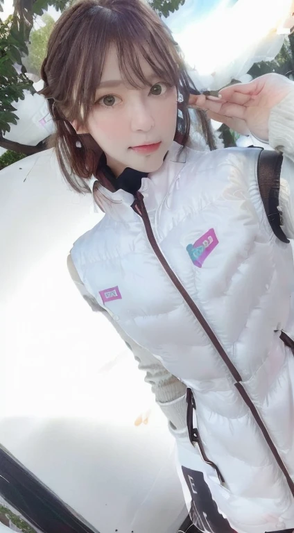 High resolution, highest quality, Perfect dynamic composition, Beautiful details, Off the shoulder、Shiny Hair、Medium Hair, Natural color lip, university student、Harajuku、smile、squat、M-shaped feet,(astrovest):3,(black sleeves):5