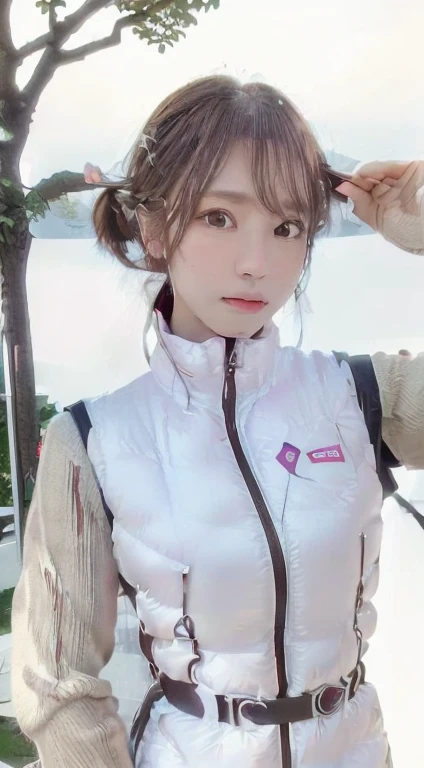 ((Realistic lighting, highest quality, 8k, masterpiece: 1.3)), Clear focus: 1.2, One girl, Perfect figure: 1.4, Slim Abs: 1.1, ((Dark brown hair)), (white astrovest: 1.4), (Outdoor, night: 1.1), street, Very beautiful face, Beautiful Eyes, double eyelid,