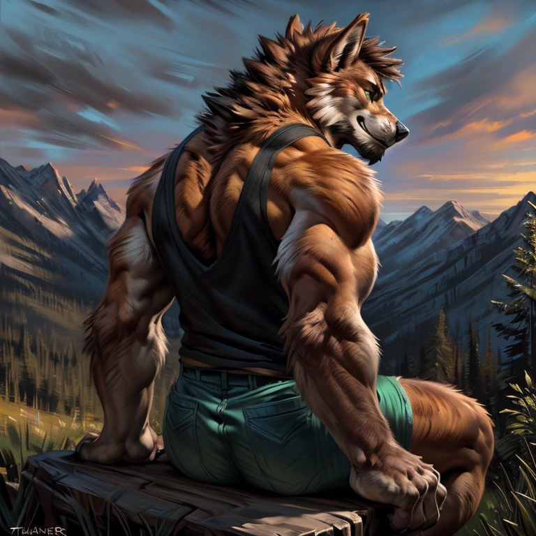 "Masterpiece, Cool Pose, Furry werewolf, werewolf, furry body, anthro orange werewolf, (monotone orange fur:1.3), male, black beard, white chest fur, adult, (heavily muscular, manly, brutal, masculine:1.4, massive butt), green eyes, realistic eyes, Casual Set, Fierce, Good looking, Smirking, Breeze wind, Comfortable, Looking To Back, werewolf back, look at Sitting In Grass, High Ground, Sunset, Hill Background, (by Taran Fiddler, by Chunie, by Rukis, Bonifasko lighting), best posture, claws on hands, (photorealistic fur, detailed fur, epic, masterpiece:1.2), sexy shadows, (by echin, by Taran Fiddler, by takemoto arashi, by Traver009, by Juiceps), (detailed eyes:1.2), impressive physique, Focus on the back, Watching the sunset, a coffee cup on hand, green shorts, wearing a black tank top