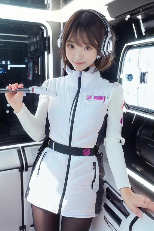 ((NSFW: 1.4)), ((Detailed face, Professional photography)), ((NSFW, zettai ryouiki, 1 girl)), Ultra-high resolution, (Realistic: 1.4), RAW Photos, highest quality, (PhotoRealistic Stick), concentrated, Soft Light, ((30 years old)), ((Japanese)), (( (Young Face))), (surface), (Depth of written boundary), masterpiece, (Realistic),(inside ISS):3, woman, ,astrovest:2,headphone:2,smartwatch,,bangs, ((1 girl)),(black sleeves):2,(black tights):2,inside spacestation,inside spacecraft,,zero gravity,smile,open leg,blush:1.5,hidden hands,neotech