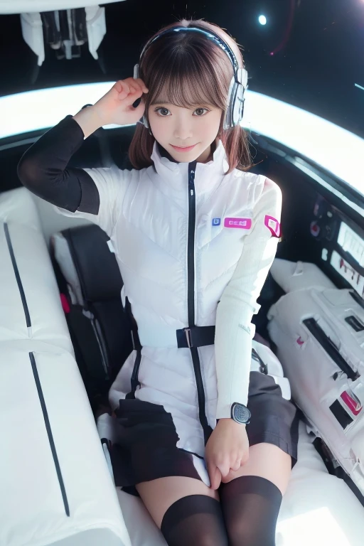 ((NSFW: 1.4)), ((Detailed face, Professional photography)), ((NSFW, zettai ryouiki, 1 girl)), Ultra-high resolution, (Realistic: 1.4), RAW Photos, highest quality, (PhotoRealistic Stick), concentrated, Soft Light, ((30 years old)), ((Japanese)), (( (Young Face))), (surface), (Depth of written boundary), masterpiece, (Realistic),(inside ISS):3, woman, ,astrovest:2,headphone:2,smartwatch,,bangs, ((1 girl)),(black sleeves):2,(black tights):2,inside spacestation,inside spacecraft,,zero gravity,smile,open leg,blush:1.5,hidden hands,neotech
