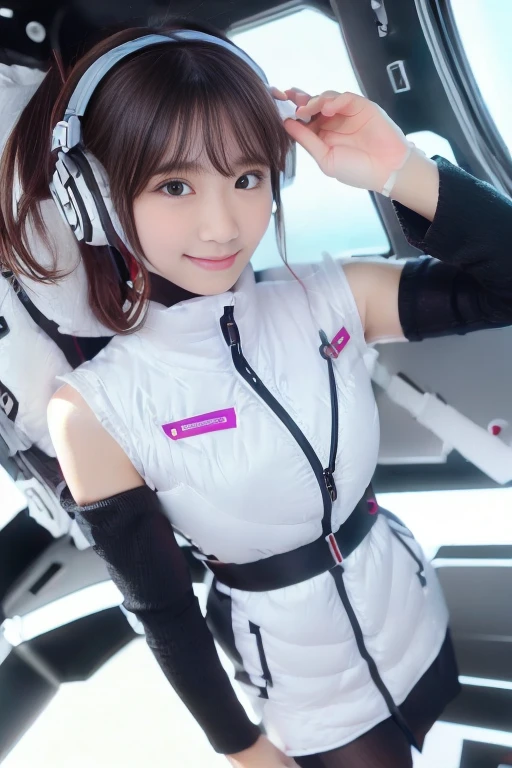 ((NSFW: 1.4)), ((Detailed face, Professional photography)), ((NSFW, zettai ryouiki, 1 girl)), Ultra-high resolution, (Realistic: 1.4), RAW Photos, highest quality, (PhotoRealistic Stick), concentrated, Soft Light, ((30 years old)), ((Japanese)), (( (Young Face))), (surface), (Depth of written boundary), masterpiece, (Realistic),(inside ISS):3, woman, ,astrovest:2,headphone:2,smartwatch,,bangs, ((1 girl)),(black sleeves):2,(black tights):2,inside spacestation,inside spacecraft,,zero gravity,smile,open leg,blush:1.5,hidden hands,neotech