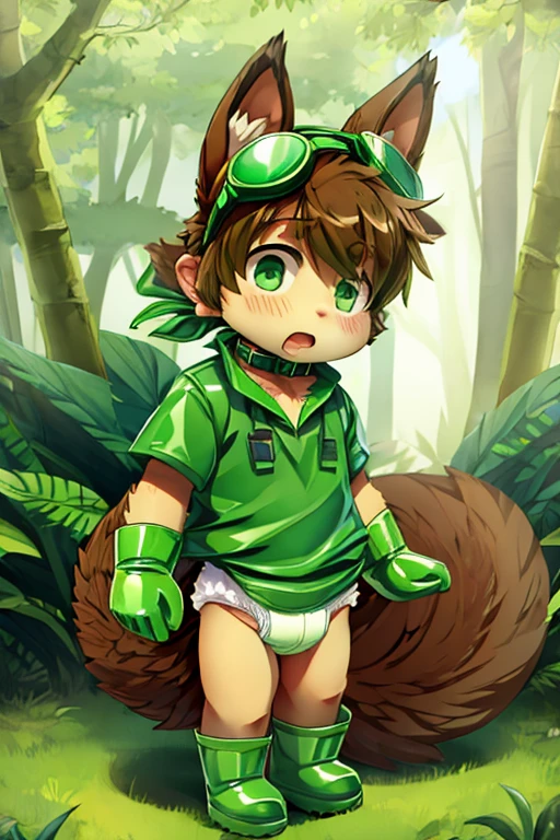 boy, squirrel, furry, bodyfur, tail, green goggles, green polo shirts, bottomless, penis, testicles, green gloves, green boots, chibi, sparkling eyes, peeing, from below