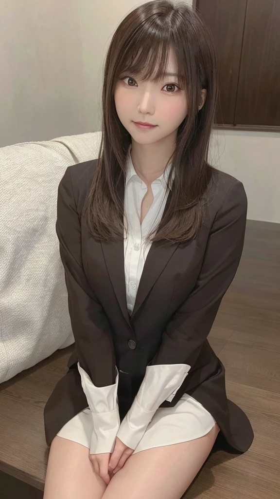 8K RAW Photos,highest quality, highest quality:1.1, masterpiece:1.3,超A high resolution, (Realistic:1.4), RAW Photos, (Above the knee:1.5, From the side), Natural skin texture:1.1, Realistic eye and facial details:1.3, Lip,(The background is blurred:1.4), (In the suite), 1 Japanese girl, cute, (alone:1.6), (A shy smile), (Dark brown eyes), Smooth skin, (Brown medium hair,bangs), (Touching hair:1.4),Nogizaka,office,business suit、Full Body Esbian、standing