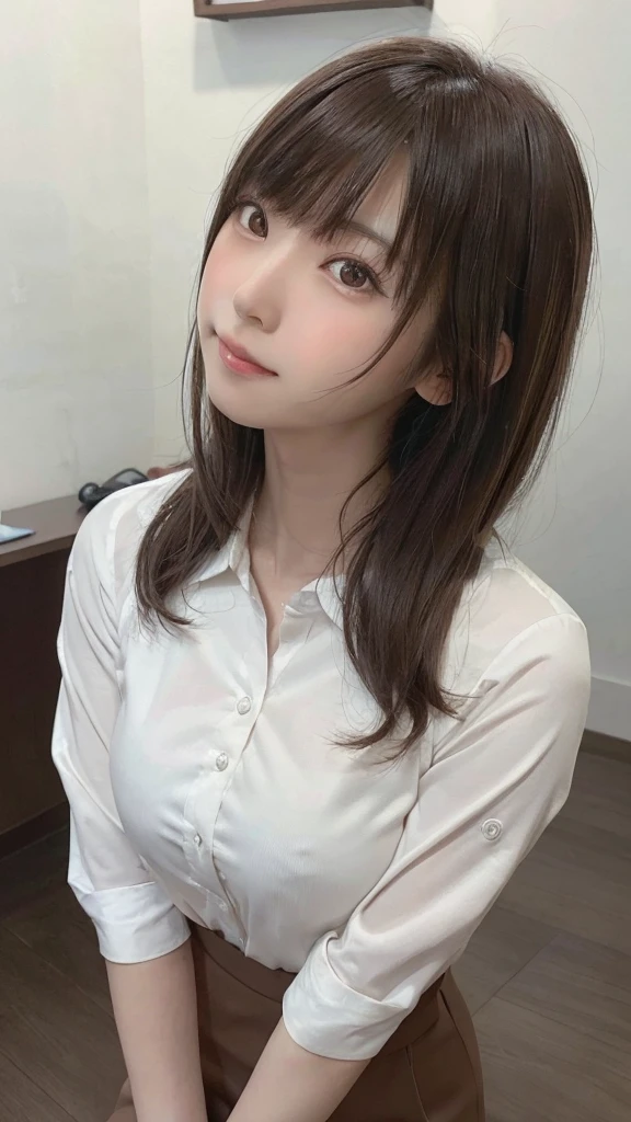 8K RAW Photos,highest quality, highest quality:1.1, masterpiece:1.3,超A high resolution, (Realistic:1.4), RAW Photos, (Above the knee:1.5, From the side), Natural skin texture:1.1, Realistic eye and facial details:1.3, Lip,(The background is blurred:1.4), (In the suite), 1 Japanese girl, cute, (alone:1.6), (A shy smile), (Dark brown eyes), Smooth skin, (Brown medium hair,bangs), (Touching hair:1.4),Nogizaka,office,business suit、Full Body Esbian、standing