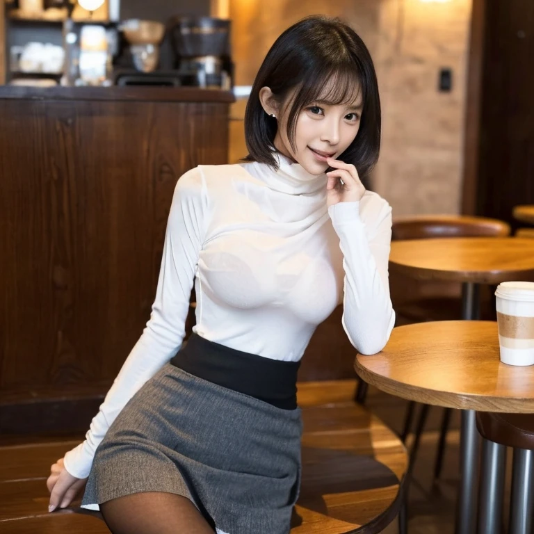 芝生の上に座ってDrinking coffee女性がいます, At the coffee shop, sitting in a cafe, sitting in a cafe alone, Drinking coffee, Drink coffee, Mysterious Coffee Shop Girl, (((in white turtleneck shirt,Tight Skirt))), At the coffee shopコーヒーを楽しむ, Japanese Girls, 8k)), Sitting alone in a café, Drink bubble tea、(black tights、thin tights,20 denier tights)、(Clothing that accentuates the contours of the body,Mid-chest:1.4)、Short Hair、big breasts、smile