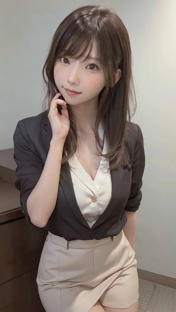 8K RAW Photos,highest quality, highest quality:1.1, masterpiece:1.3,超A high resolution, (Realistic:1.4), RAW Photos, (Above the knee:1.5, From the side), Natural skin texture:1.1, Realistic eye and facial details:1.3, Lip,(The background is blurred:1.4), (In the suite), 1 Japanese girl, cute, (alone:1.6), (A shy smile), (Dark brown eyes), Smooth skin, (Brown medium hair,bangs), (Touching hair:1.4),Nogizaka,office,business suit、Full Body Esbian、standing