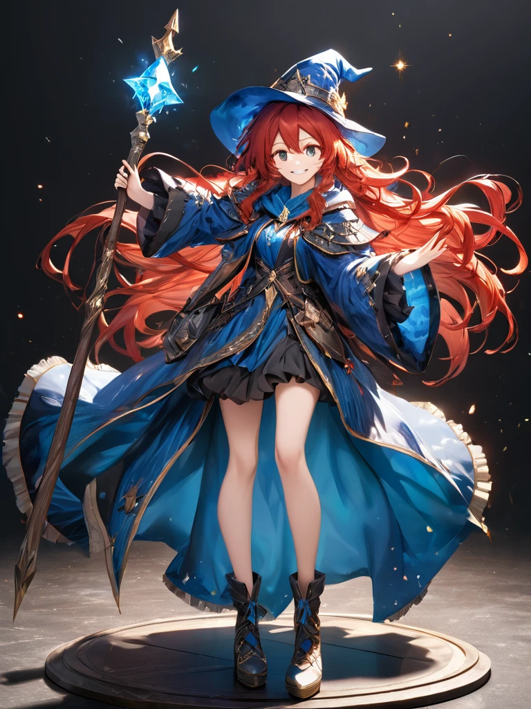 (best quality),(ultra detailed),(extremely detailed),(absolutely resolution) ,solo, absurdres,8k, 1girl,full body, wizard, holding magician's staff, grin, ultra detailed eyes, long hair, messy hair, (red hair:1.2),