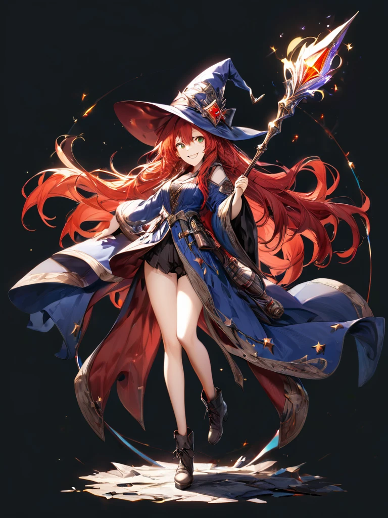 (best quality),(ultra detailed),(extremely detailed),(absolutely resolution) ,solo, absurdres,8k, 1girl,full body, wizard, holding magician's staff, grin, ultra detailed eyes, long hair, messy hair, (red hair:1.2),