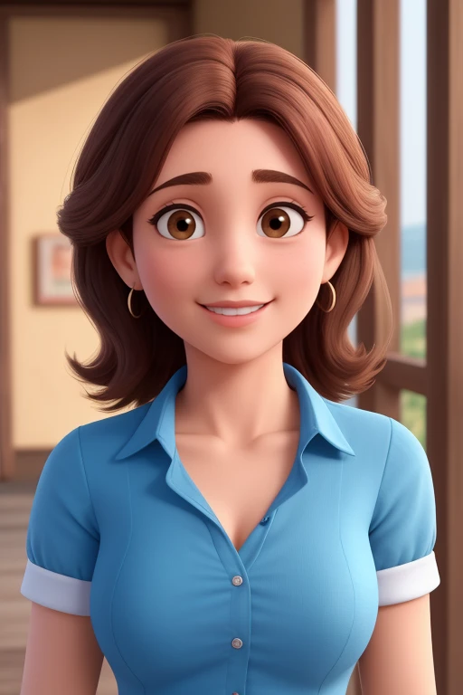 Uma mulher de 30 anos, arquiteta, with medium hair, castanho escuro, Rosto redondo, sorriso encantador, e olhos castanhos e levemente puxados, primeiro o rei, de camisa e trabalhando.