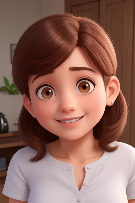 Uma mulher de 30 anos, arquiteta, with medium hair, castanho escuro, Rosto redondo, sorriso encantador, e olhos castanhos e levemente puxados, primeiro o rei, de camisa e trabalhando.