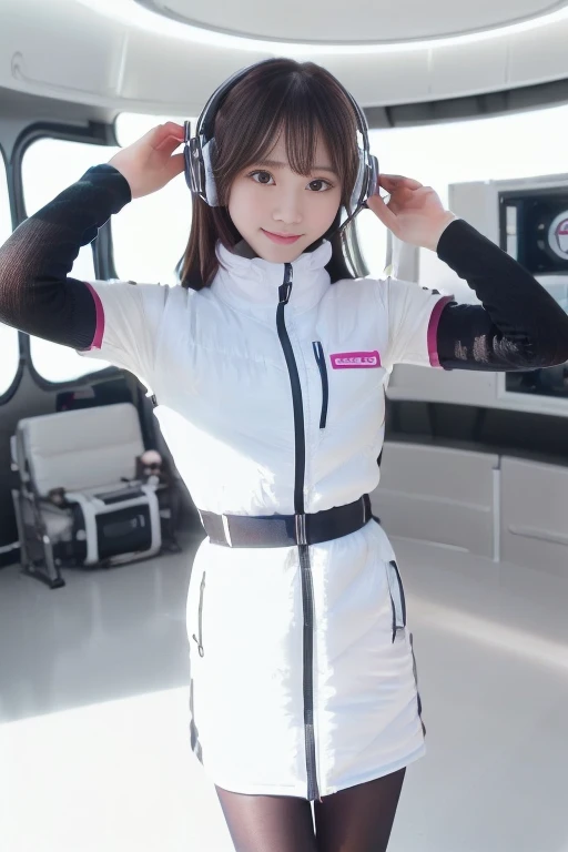 ((NSFW: 1.4)), ((Detailed face, Professional photography)), ((NSFW, zettai ryouiki, 1 girl)), Ultra-high resolution, (Realistic: 1.4), RAW Photos, highest quality, (PhotoRealistic Stick), concentrated, Soft Light, ((30 years old)), ((Japanese)), (( (Young Face))), (surface), (Depth of written boundary), masterpiece, (Realistic),(inside ISS):3, woman, ,astrovest:2,headphone:2,smartwatch,,bangs, ((1 girl)),(black sleeves):2,(black tights):2,inside spacestation,inside spacecraft,,zero gravity,smile,open leg,blush:1.5,hidden hands,neotech