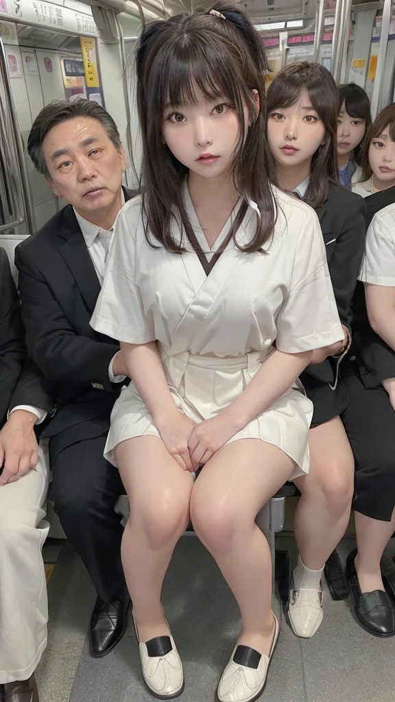 (masterpiece,highest quality,Ultra-high resolution),Japanese women, Very beautiful 13 year old girl, pretty girl、Look at the photographer、(Lip gloss)、(Perfect limbs、Perfect Anatomy),(((Beautiful Hair、bob hair、hair band、)))、(((marching band,Sexy marching band Uniform 1.5,mini skirt、Loafer shoes))),、pure white、Beautiful Skin、Moist eyes、black glitter hair、The Colors of Youth、A kind smile、double eyelid、、(A large, middle-aged Japanese man in a suit touches my lower body on a crowded train..:1.6),(Helping a woman who was stuck in a crowd、I grabbed her waist.:1.5)、(I hugged the girl who was in shock and unable to move..:1.7)、((The man inserted higenital into the girl'genital':1.6))、Full body photo、,Black Hair,Little Japan、The reluctant girl looked humiliated.,White high socks below the knee、Don'please don't sit down