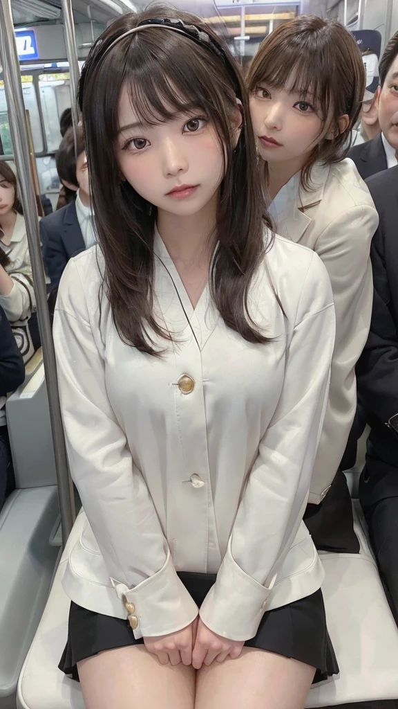 (masterpiece,highest quality,Ultra-high resolution),Japanese women, Very beautiful 13 year old girl, pretty girl、Look at the photographer、(Lip gloss)、(Perfect limbs、Perfect Anatomy),(((Beautiful Hair、bob hair、hair band、)))、(((marching band,Sexy marching band Uniform 1.5,mini skirt、Loafer shoes))),、pure white、Beautiful Skin、Moist eyes、black glitter hair、The Colors of Youth、A kind smile、double eyelid、、(A large, middle-aged Japanese man in a suit touches my lower body on a crowded train..:1.6),(Helping a woman who was stuck in a crowd、I grabbed her waist.:1.5)、(I hugged the girl who was in shock and unable to move..:1.7)、((The man inserted higenital into the girl'genital':1.6))、Full body photo、,Black Hair,Little Japan、The reluctant girl looked humiliated.,White high socks below the knee、Don'please don't sit down