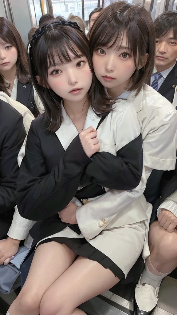 (masterpiece,highest quality,Ultra-high resolution),Japanese women, Very beautiful 13 year old girl, pretty girl、Look at the photographer、(Lip gloss)、(Perfect limbs、Perfect Anatomy),(((Beautiful Hair、bob hair、hair band、)))、(((marching band,Sexy marching band Uniform 1.5,mini skirt、Loafer shoes))),、pure white、Beautiful Skin、Moist eyes、black glitter hair、The Colors of Youth、A kind smile、double eyelid、、(A large, middle-aged Japanese man in a suit touches my lower body on a crowded train..:1.6),(Helping a woman who was stuck in a crowd、I grabbed her waist.:1.5)、(I hugged the girl who was in shock and unable to move..:1.7)、((The man inserted higenital into the girl'genital':1.6))、Full body photo、,Black Hair,Little Japan、The reluctant girl looked humiliated.,White high socks below the knee、Don'please don't sit down