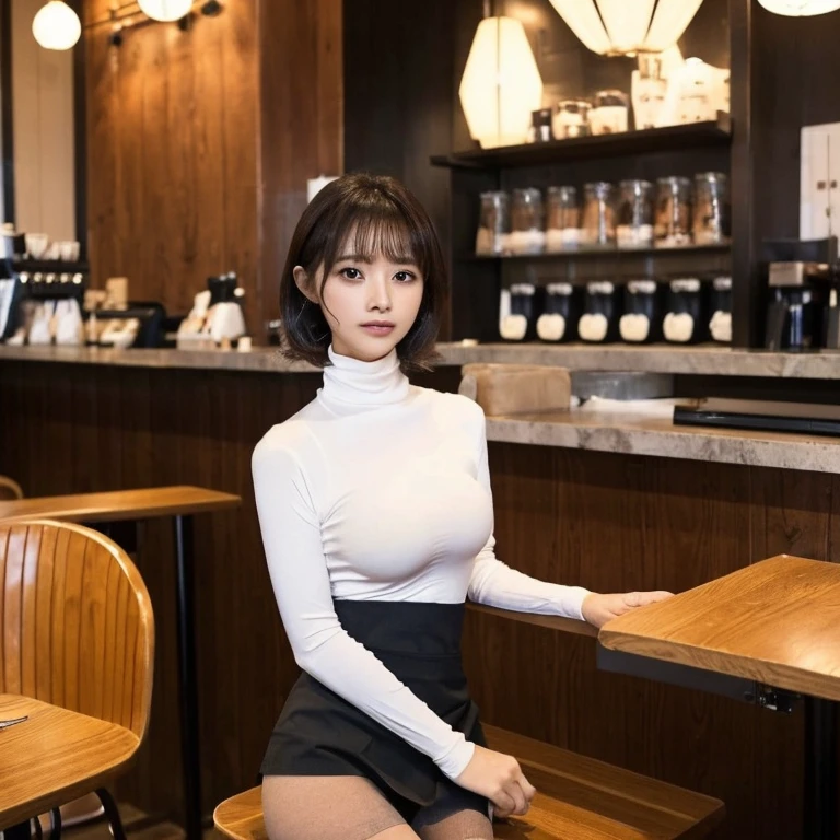 芝生の上に座ってDrinking coffee女性がいます, At the coffee shop, sitting in a cafe, sitting in a cafe alone, Drinking coffee, Drink coffee, Mysterious Coffee Shop Girl, (((in white turtleneck shirt,Short skirt、Tight Skirt))), At the coffee shopコーヒーを楽しむ, Japanese Girls, 8k)), Sitting alone in a café, Drink bubble tea、(black tights、thin tights,20 denier tights)、(Clothing that accentuates the contours of the body,Mid-chest:1.4)、Short Hair、big breasts