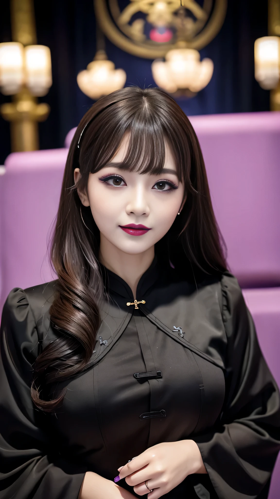 2girls、best quality、ultra-detailed、4k、Japanese、Seductive beauty、seductive adult woman、Pretty Woman、cool girl、Villainess、Brainwashed、brainwash、Fallen into evil、smirk、Evil look、Wicked Smile、evil、Brown hair、wavy hair、swept bangs、dark makeup、dark makeup、piercing eyes、hollow eyes,half-closed eyes、Hollow Eyes、Purple Eyeshadow、black lipstick、black lipgloole around the mouth、Long Black Cheongsam、Wide sleeves、night、inside church、makeup brush、Are standing、potion