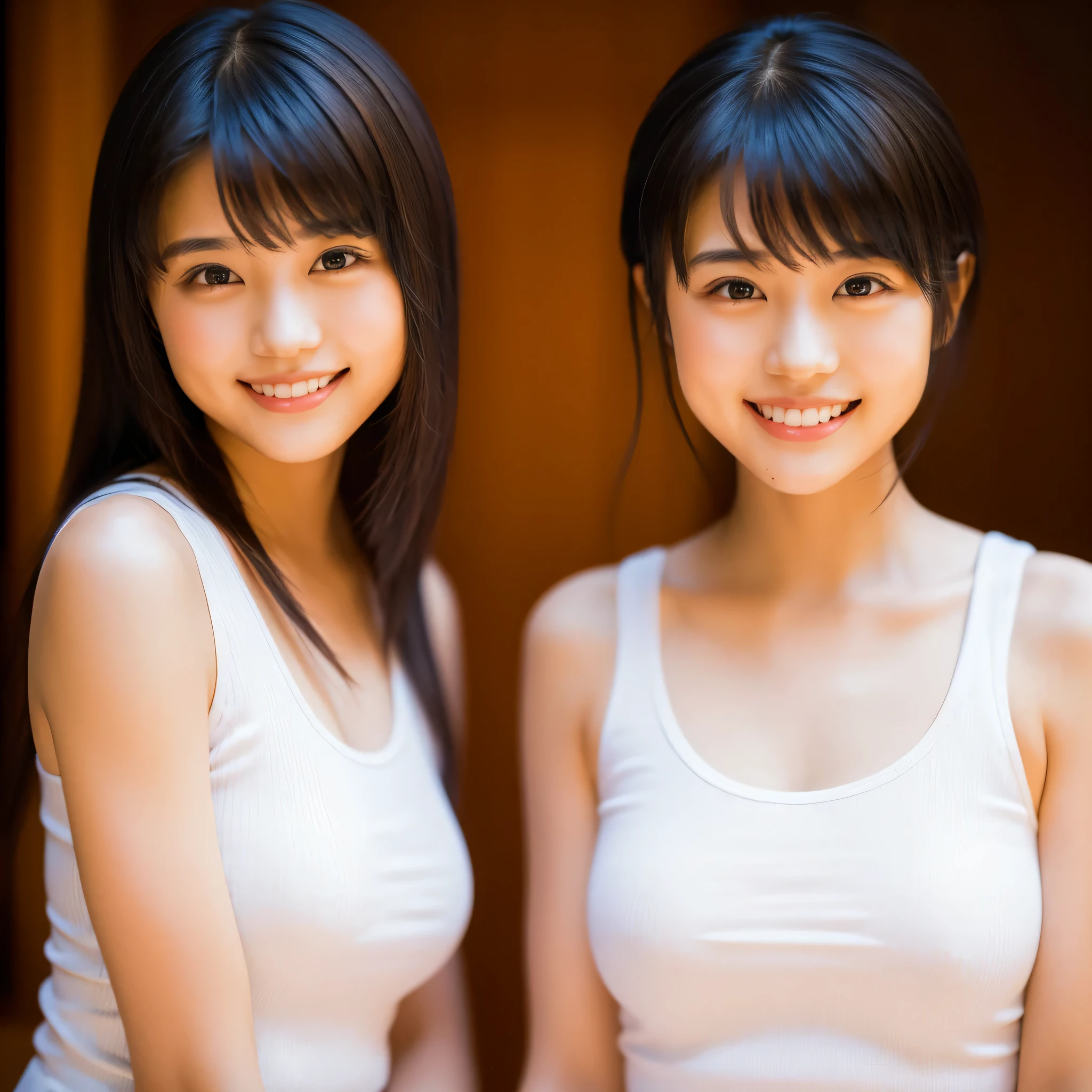 ((masterpiece)),((highest quality))),((High resolution)),((Genuine,)) two, Identical twin sisters, (((Indistinguishable, Beautiful girl who looks exactly like)) 20-year-old, bangs, smile, White tank top