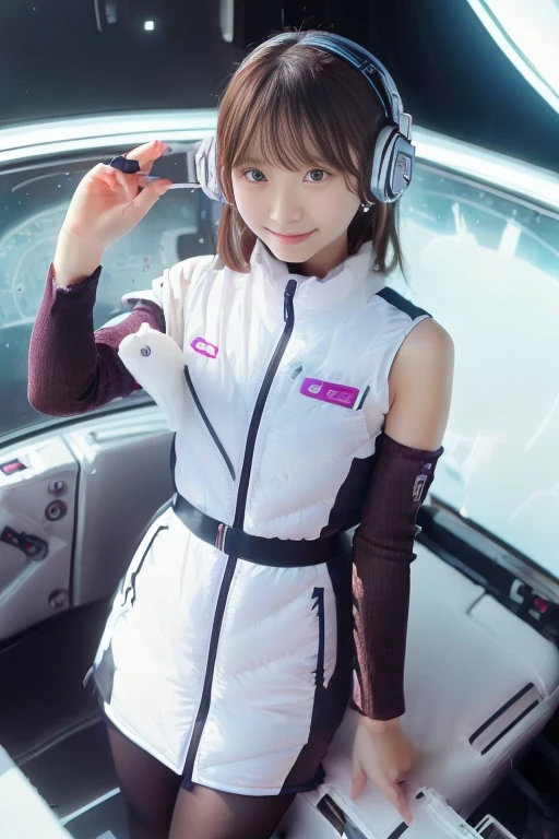 ((NSFW: 1.4)), ((Detailed face, Professional photography)), ((NSFW, zettai ryouiki, 1 girl)), Ultra-high resolution, (Realistic: 1.4), RAW Photos, highest quality, (PhotoRealistic Stick), concentrated, Soft Light, ((30 years old)), ((Japanese)), (( (Young Face))), (surface), (Depth of written boundary), masterpiece, (Realistic),(inside ISS):3, woman, ,astrovest:2,headphone:2,smartwatch,,bangs, ((1 girl)),(black sleeves):2,(black tights):2,inside spacestation,inside spacecraft,,zero gravity,smile,open leg,blush:1.5,hidden hands,neotech
