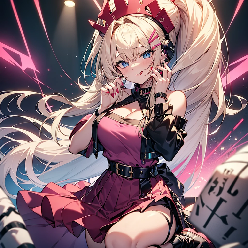 highest quality、masterpiece、4K、Blonde、Long ponytail、Slanted Eyes、blue eyes、Thick eyeliner、Pale skin、Gal、pink off shoulder clothes、Cleavage、Have many ear piercings、bracelet、Lots of accessories、Headphones、Pink Lips、big breasts、Short skirt、Knee-high boots、A girl playing DJ、Lots of neon、Mouth open and tongue out、red nails、Nightclub