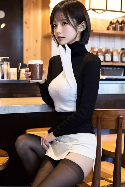 芝生の上に座ってDrinking coffee女性がいます, At the coffee shop, sitting in a cafe, sitting in a cafe alone, Drinking coffee, Drink coffee, Mysterious Coffee Shop Girl, (((in white turtleneck shirt,Short skirt、Tight Skirt))), At the coffee shopコーヒーを楽しむ, Japanese Girls, 8k)), Sitting alone in a café, Drink bubble tea、(black tights、thin tights,20 denier tights)、(Clothing that accentuates the contours of the body,Mid-chest:1.4)、Short Hair、big breasts、Beautiful legs、Sexy Legs、