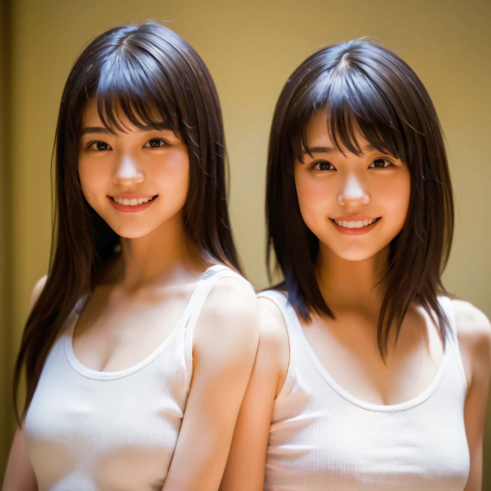 ((masterpiece)),((highest quality))),((High resolution)),((Genuine,)) two, Identical twin sisters, (((Indistinguishable, Beautiful girl who looks exactly like)) 20-year-old, bangs, smile, White tank top