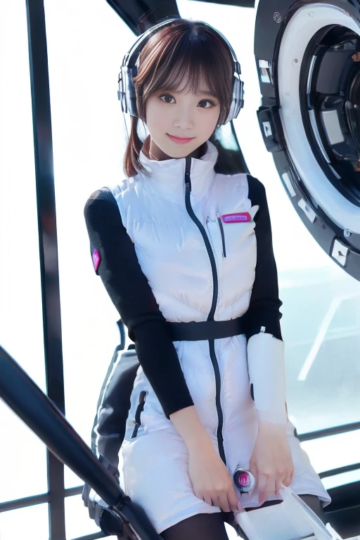 ((NSFW: 1.4)), ((Detailed face, Professional photography)), ((NSFW, zettai ryouiki, 1 girl)), Ultra-high resolution, (Realistic: 1.4), RAW Photos, highest quality, (PhotoRealistic Stick), concentrated, Soft Light, ((30 years old)), ((Japanese)), (( (Young Face))), (surface), (Depth of written boundary), masterpiece, (Realistic),(inside ISS):3, woman, ,astrovest:2,headphone:2,smartwatch,,bangs, ((1 girl)),(black sleeves):2,(black tights):2,inside spacestation,inside spacecraft,,zero gravity,smile,open leg,blush:1.5,hidden hands,neotech