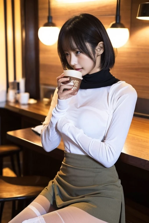 芝生の上に座ってDrinking coffee女性がいます, At the coffee shop, sitting in a cafe, sitting in a cafe alone, Drinking coffee, Drink coffee, Mysterious Coffee Shop Girl, (((in white turtleneck shirt,Short skirt、Tight Skirt))), At the coffee shopコーヒーを楽しむ, Japanese Girls, 8k)), Sitting alone in a café, Drink bubble tea、(black tights、thin tights,20 denier tights)、(Clothing that accentuates the contours of the body,Mid-chest:1.4)、Short Hair、big breasts、Beautiful legs、Sexy Legs、Long legs