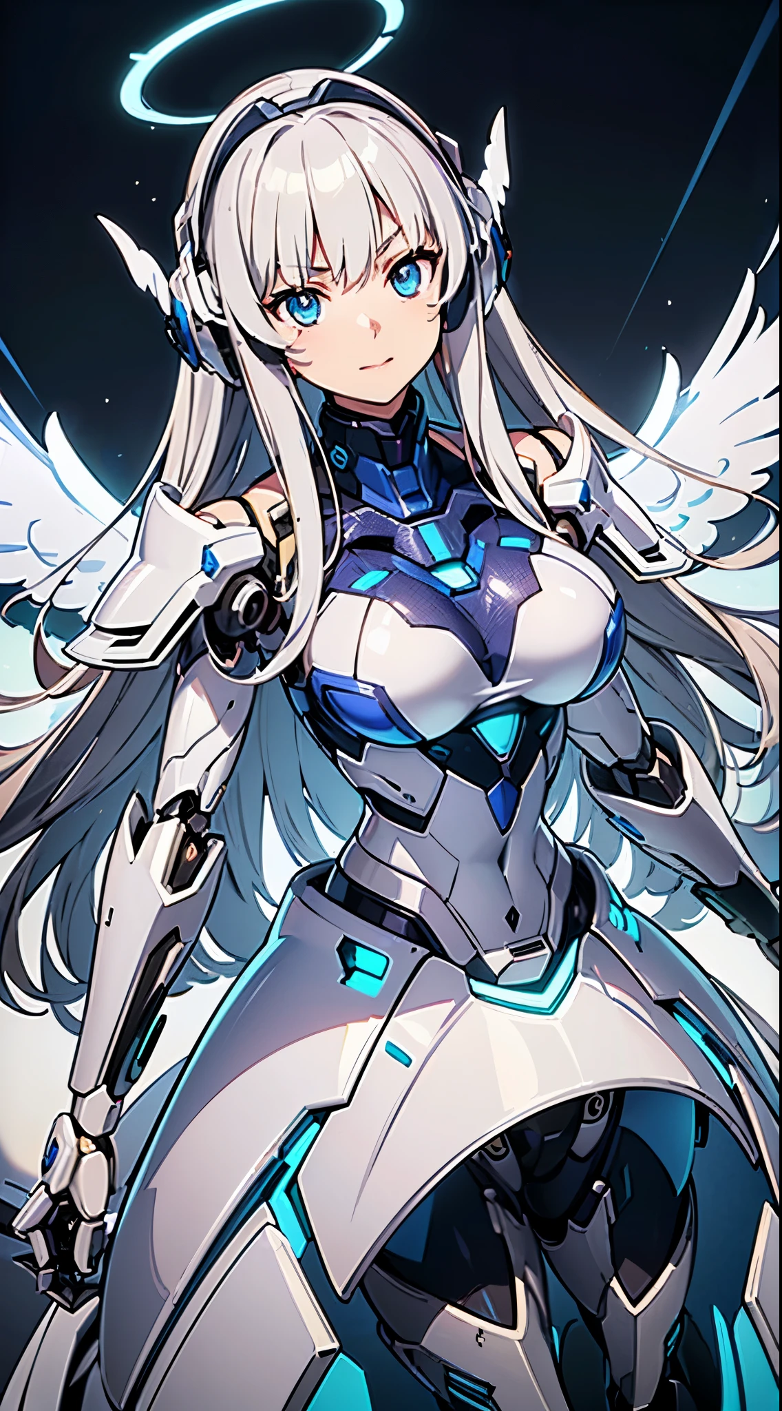 ((Lenses shining on both breasts:1.3))、((A blue pillar of light shines from both of his chests..:1.3))、(Dynamic pose:1.3)、smile、((8k)), ((32k)), ((highest quality)), ((masterpiece)), ((超A high resolution)), ((Tmasterpiece)), ((halo:1.4))、((Mechaニカルheadgear:1.2))、((Cyber Headphones:1.3))Fine skin, High quality fabric, Fine metal texture、((Beautiful and dense face))、RAW Photos、Professional, Ultra-fine painting, ((alone)), Beautiful breasts、highest quality, Very detailed, Very detailed詳細, Finer details, so beautiful, ((Princess Knight Robot:1.2)),  (Joint of the machine, Mechanical Limbs:1.3), (The internal structure of the machine is exposed:1.3), (Long silver hair:1.1), White Veil, cowboy_shot, Side Focus, headgear, Shiny、(Five Fingers, Four fingers and thumb),Concept Art, Anime fantasy artwork, Detailed fantasy art, (with pale blue-violet hair and large white wings,,,,,,), (((Long silver hair))), (Mecha:1.6)、Sleek and intimidating design, ((Commander in Chief&#39;s Arms)), (Perfect robot body)、Pure white and blue-purple 腕or, symmetrical wings, 8k high quality detailed art, 3D rendering of character art in 8K, neat legs, Defined, Defined fingers,((headshot:1.3))