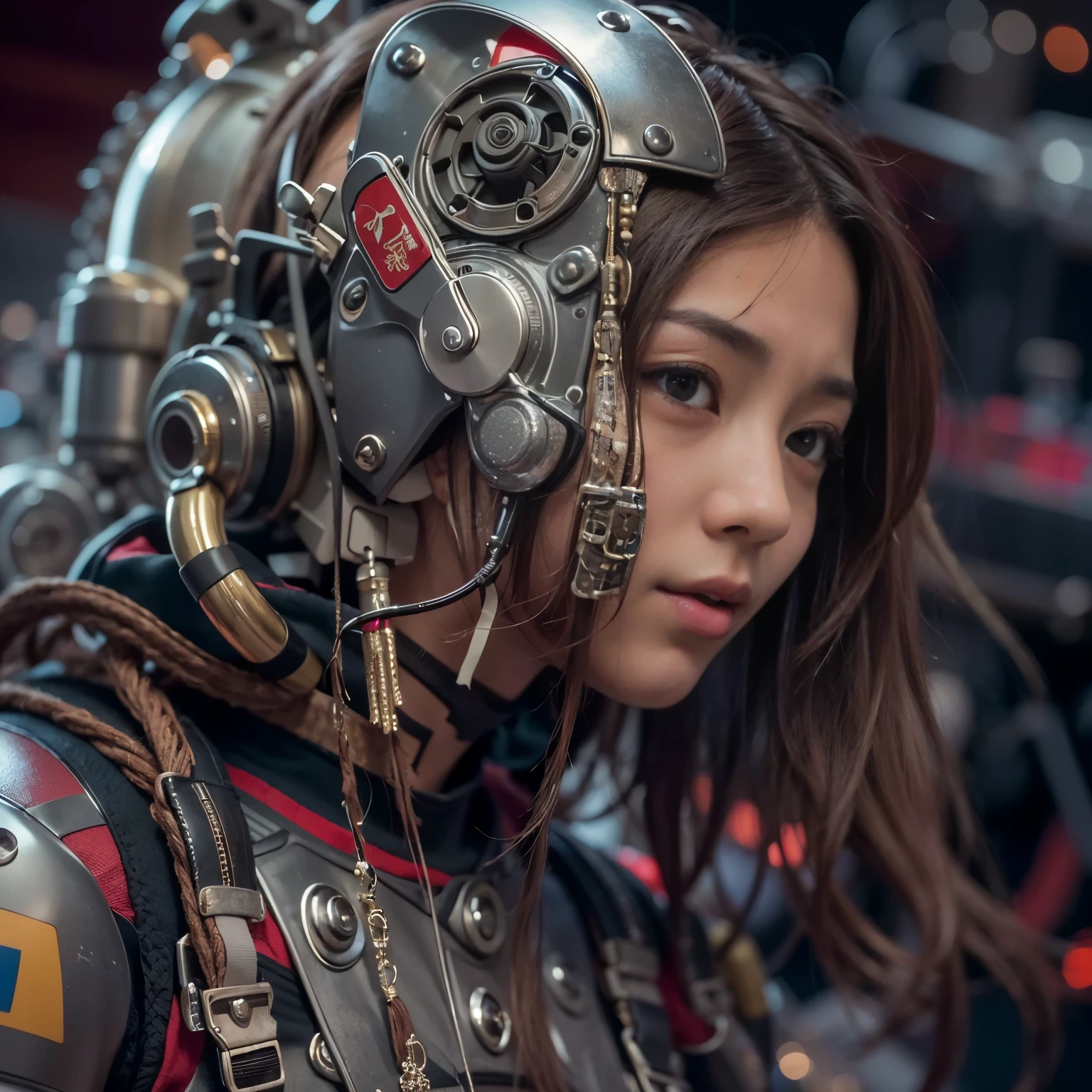 (masterpiece, best quality:1.2), (8k uhd, 16k, 32k, ultra high resolution), (photorealistic:1.37), (raw photo), ultimate realistic, ultimate realistic detail, ultimate realistic texture, ultimate complex detail, ultimate realistic lighting, ultimate realistic shadow, ultimate realistic skinUltimate Realistic Eyes, (Mechanical:1.4) (Harley-Davidson engine, based mechanical armor), power pipe, hydraulic cylinder, ultimate intricate detail, japanese female soldier in mechanical armor, ultimate cute face, very beautiful face, realistic, full body shot, sailing out of a secret base, cyberpunk