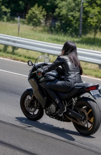 best quality, detailed, beautiful, insanely detailed, absurdres,perfect anatomy, Japanese woman,black hair,27 years old, (slender), (small breasts),
(long exposure:1.0), full body shot, (Riding a motorcycle in a forward leaning position:1.1), speeding down a straight road,  motion blur,(dynamic angle:1.3)