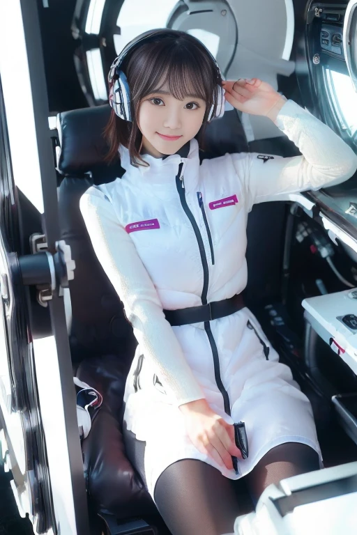 ((NSFW: 1.4)), ((Detailed face, Professional photography)), ((NSFW, zettai ryouiki, 1 girl)), Ultra-high resolution, (Realistic: 1.4), RAW Photos, highest quality, (PhotoRealistic Stick), concentrated, Soft Light, ((30 years old)), ((Japanese)), (( (Young Face))), (surface), (Depth of written boundary), masterpiece, (Realistic),(inside ISS):3, woman, ,astrovest:2,headphone:2,smartwatch,,bangs, ((1 girl)),(black sleeves):2,(black tights):2,inside spacestation,inside spacecraft,,zero gravity,smile,open leg,blush:1.5,hidden hands,neotech