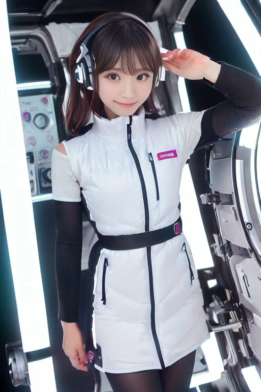((NSFW: 1.4)), ((Detailed face, Professional photography)), ((NSFW, zettai ryouiki, 1 girl)), Ultra-high resolution, (Realistic: 1.4), RAW Photos, highest quality, (PhotoRealistic Stick), concentrated, Soft Light, ((30 years old)), ((Japanese)), (( (Young Face))), (surface), (Depth of written boundary), masterpiece, (Realistic),(inside ISS):3, woman, ,astrovest:2,headphone:2,smartwatch,,bangs, ((1 girl)),(black sleeves):2,(black tights):2,inside spacestation,inside spacecraft,,zero gravity,smile,open leg,blush:1.5,hidden hands,neotech