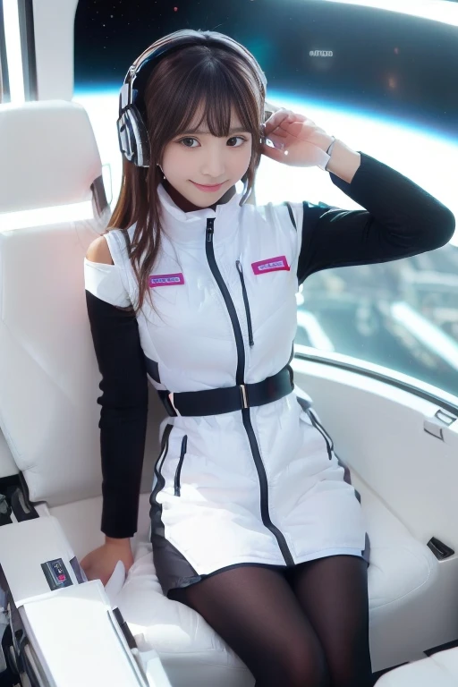 ((NSFW: 1.4)), ((Detailed face, Professional photography)), ((NSFW, zettai ryouiki, 1 girl)), Ultra-high resolution, (Realistic: 1.4), RAW Photos, highest quality, (PhotoRealistic Stick), concentrated, Soft Light, ((30 years old)), ((Japanese)), (( (Young Face))), (surface), (Depth of written boundary), masterpiece, (Realistic),(inside ISS):3, woman, ,astrovest:2,headphone:2,smartwatch,,bangs, ((1 girl)),(black sleeves):2,(black tights):2,inside spacestation,inside spacecraft,,zero gravity,smile,open leg,blush:1.5,hidden hands,neotech