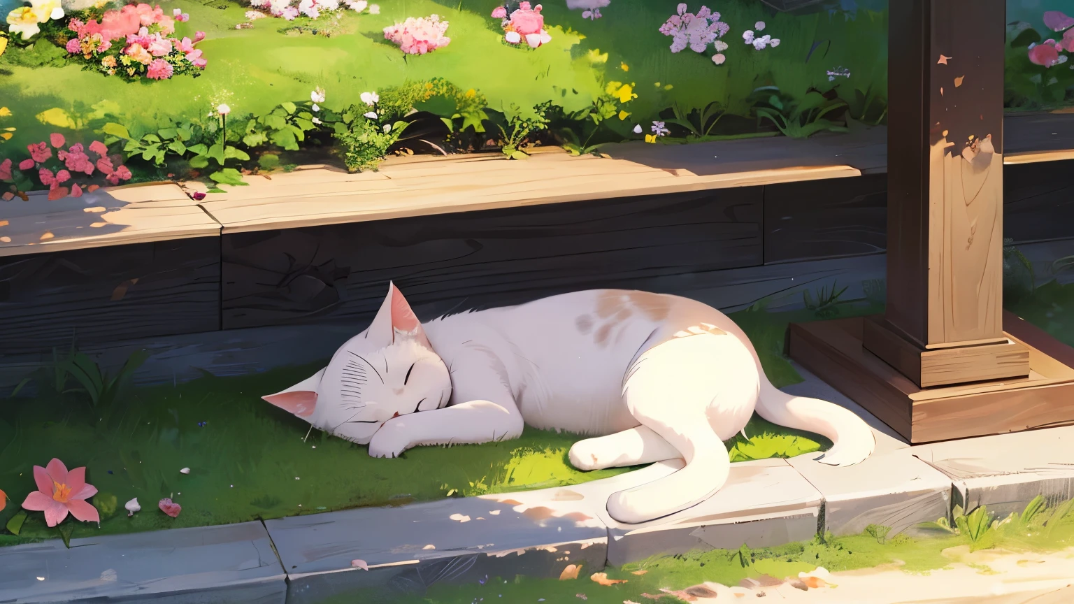 sleeping Japanese cat which is calico, in the park, sunny sky, blooming azalea, Japanese anime style