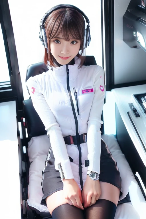 ((NSFW: 1.4)), ((Detailed face, Professional photography)), ((NSFW, zettai ryouiki, 1 girl)), Ultra-high resolution, (Realistic: 1.4), RAW Photos, highest quality, (PhotoRealistic Stick), concentrated, Soft Light, ((30 years old)), ((Japanese)), (( (Young Face))), (surface), (Depth of written boundary), masterpiece, (Realistic),(inside ISS):3, woman, ,astrovest:2,headphone:2,smartwatch,,bangs, ((1 girl)),(black sleeves):2,(black tights):2,inside spacestation,inside spacecraft,,zero gravity,smile,open leg,blush:1.5,hidden hands,neotech