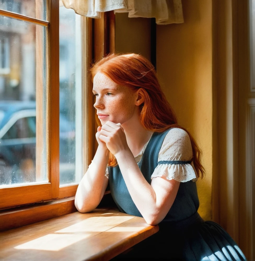 In a cozy café tucked away in a quaint European alleyway, a 25 years old redhead girl sits by the window, sipping coffee and lost in thought, her freckles illuminated by the soft morning light filtering through the curtains, dressed in a casual yet elegant outfit that exudes charm, the scene evokes a sense of tranquility and introspection, Watercolor painting, depicting the girl in delicate brushstrokes with warm tones, emphasizing the play of light and shadow in the cozy ambiance, --ar 9:16 --v 5