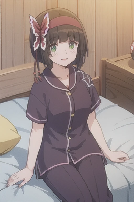 Short sleeve pajamas, smile,A big red hair ornament on the head,tukimichi_spider